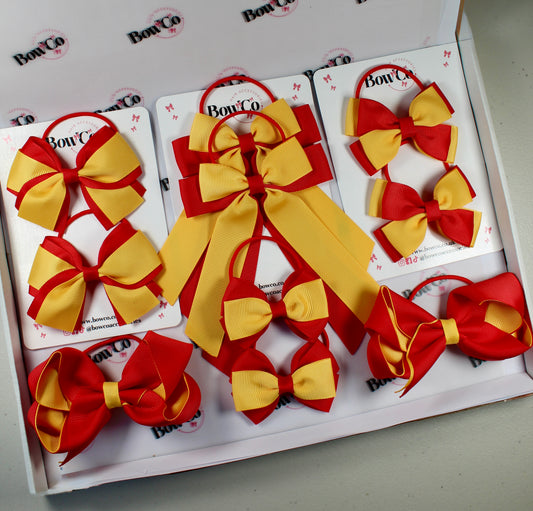 School Bow Bundle Saver - 10 Pack - Red and Yellow Gold - Elastic