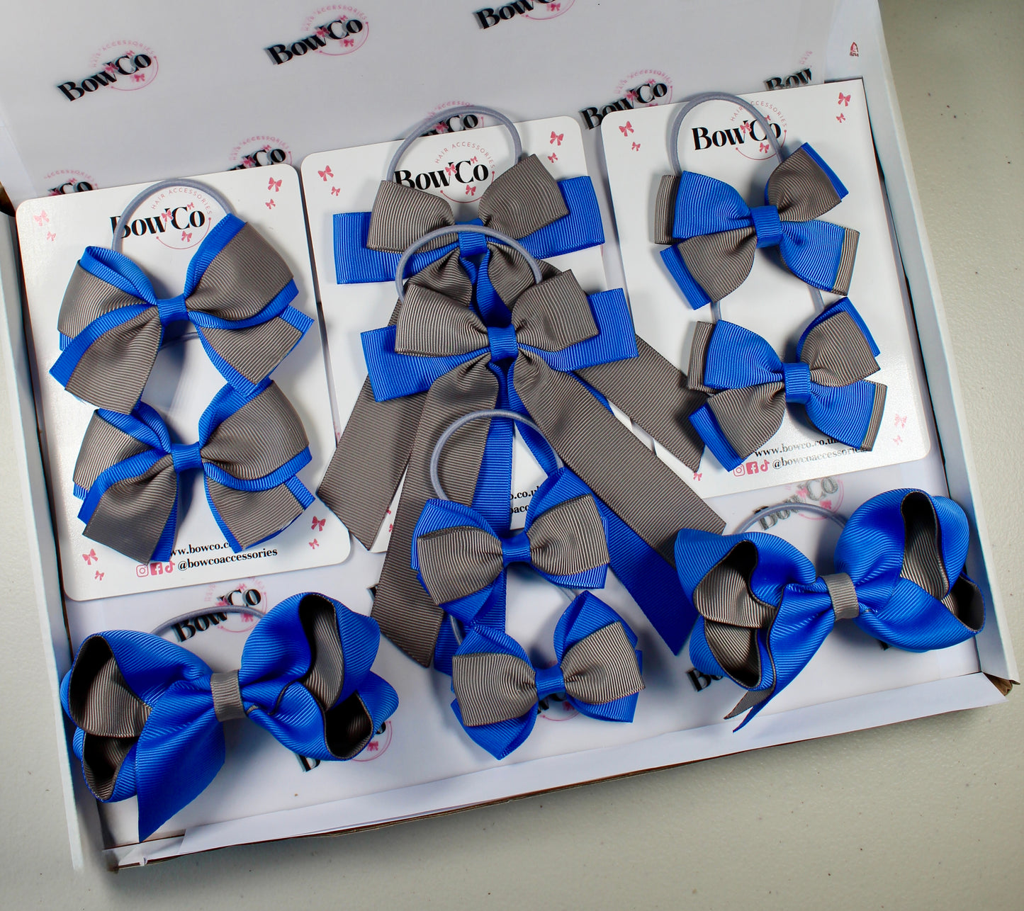 School Bow Bundle Saver - 10 Pack - Royal Blue and Grey - Elastic