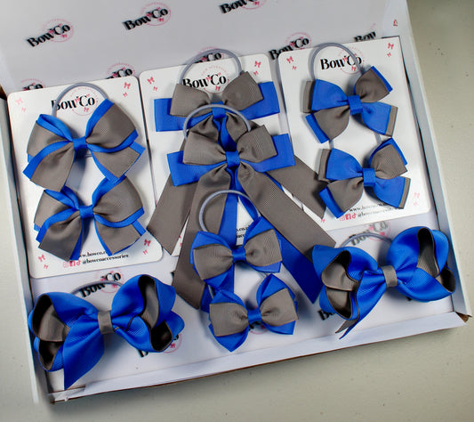 School Bow Bundle Saver - 10 Pack - Royal Blue and Grey - Elastic