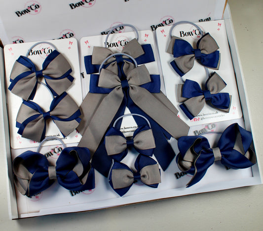 School Bow Bundle Saver - 10 Pack - Navy Blue and Grey - Elastic