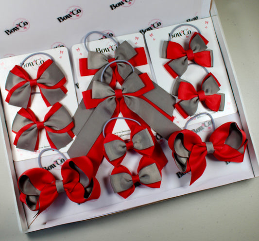 School Bow Bundle Saver - 10 Pack - Red and Grey - Elastic