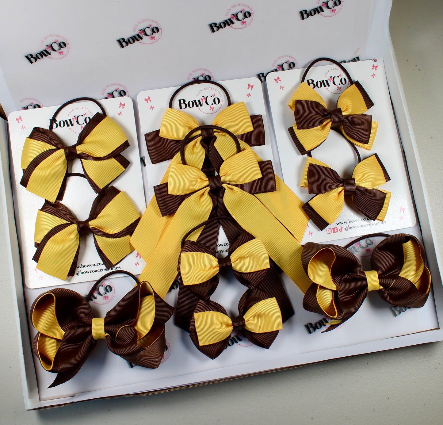 School Bow Bundle Saver - 10 Pack - Brown and Yellow Gold -Elastic