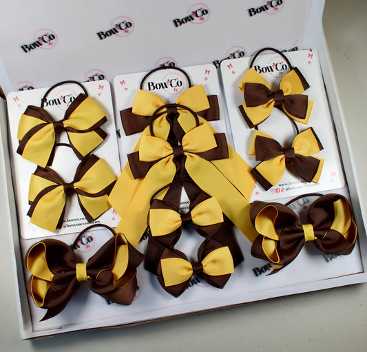 School Bow Bundle Saver - 10 Pack - Brown and Yellow Gold -Elastic