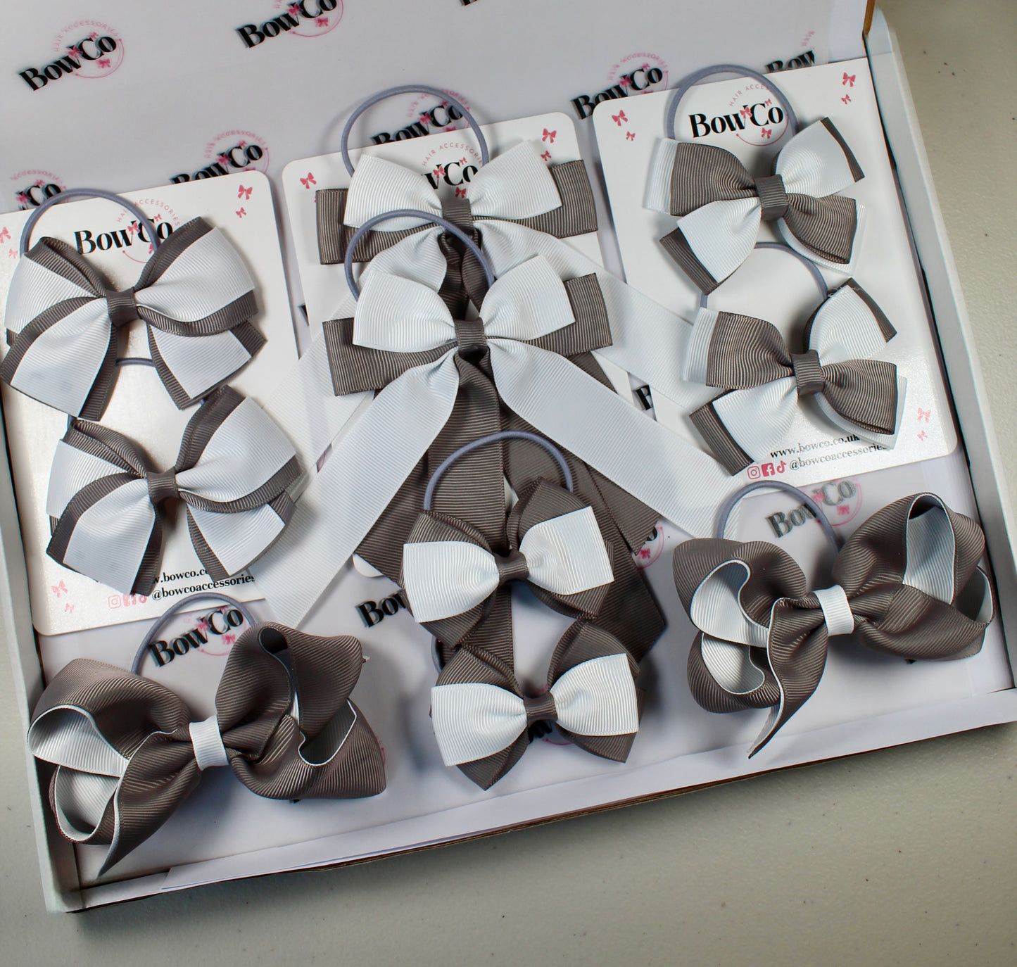 School Bow Bundle Saver - 10 Pack - Metal Grey and White - Elastic