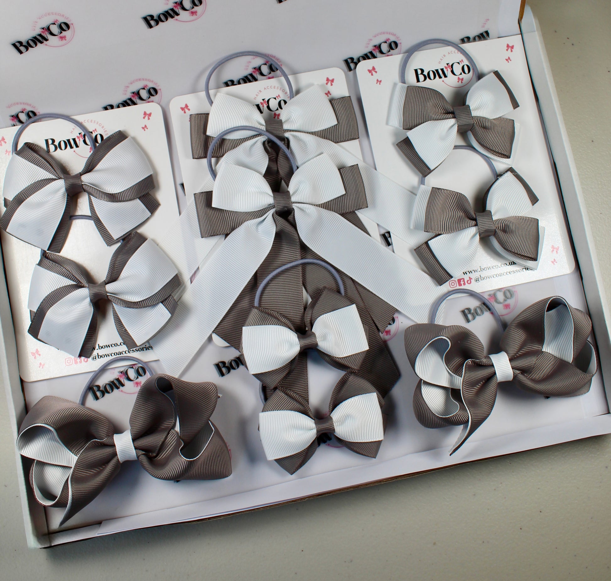 School Bow Bundle Saver - 10 Pack - Metal Grey and White - Elastic