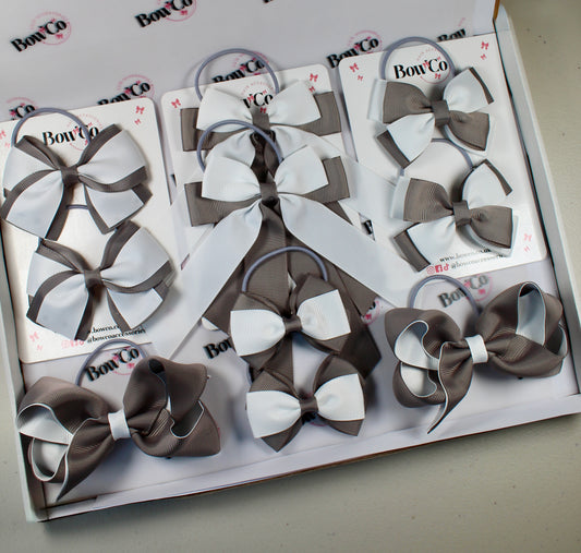 School Bow Bundle Saver - 10 Pack - Metal Grey and White - Elastic