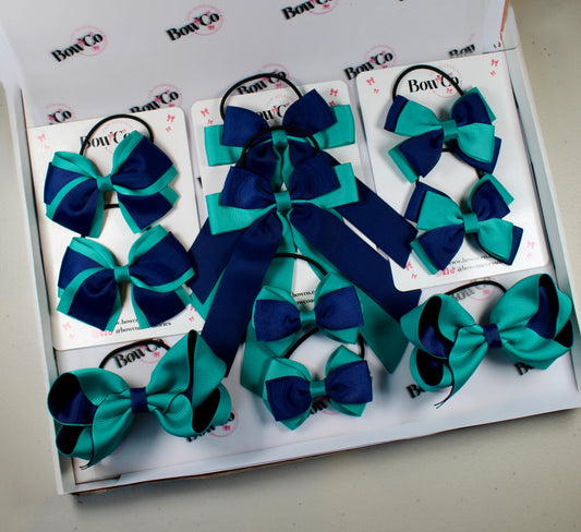 School Bow Bundle Saver - 10 Pack - Jade Green and Navy Blue - Elastic