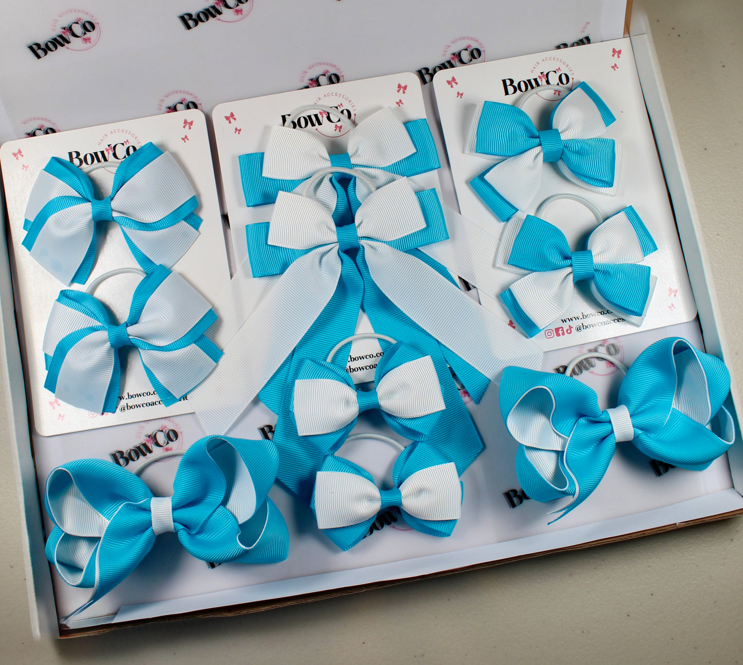 School Bow Bundle Saver - 10 Pack - Turquoise and White - Elastic
