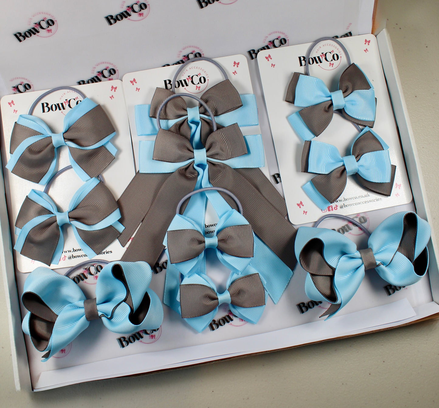 School Bow Bundle Saver - 10 Pack - Blue Topaz and Grey - Elastic