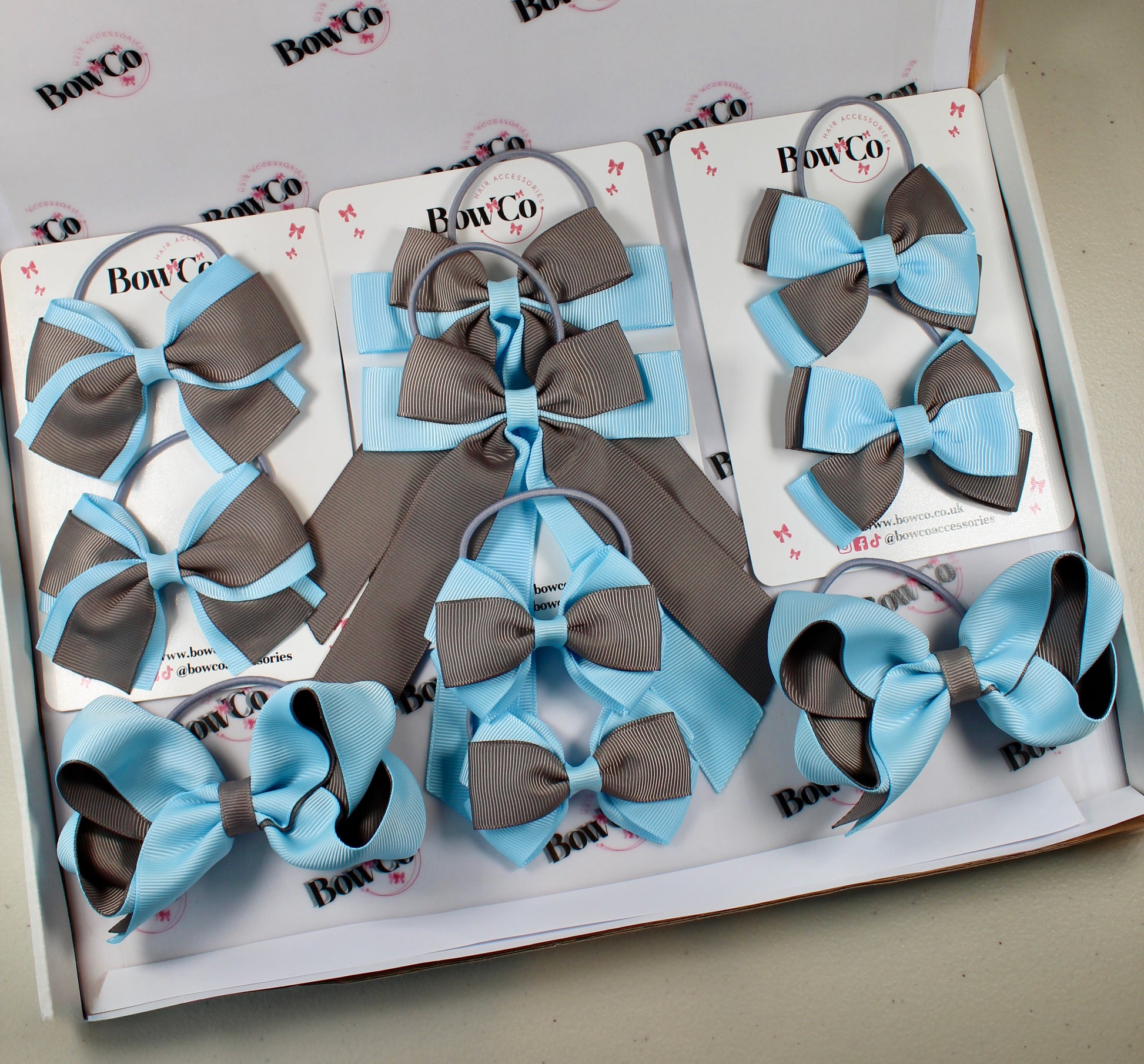 School Bow Bundle Saver - 10 Pack - Blue Topaz and Grey - Elastic