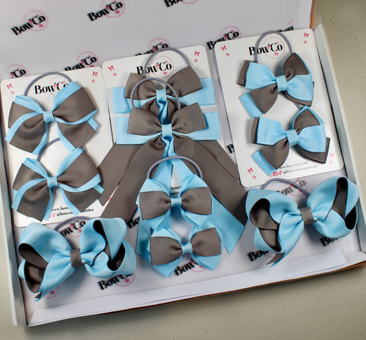 School Bow Bundle Saver - 10 Pack - Blue Topaz and Grey - Elastic