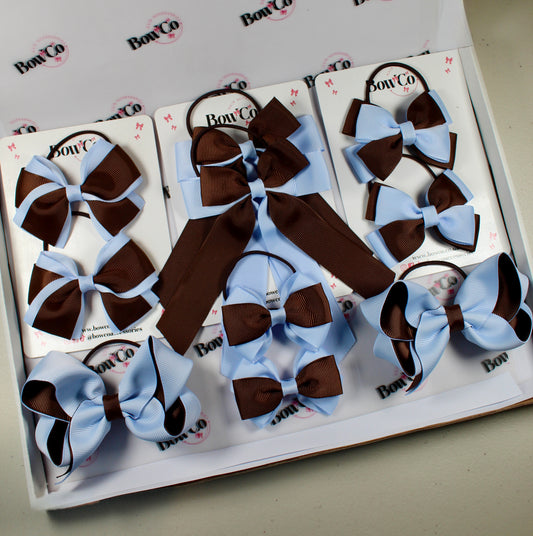 School Bow Bundle Saver - 10 Pack - Bluebell and Brown - Elastic