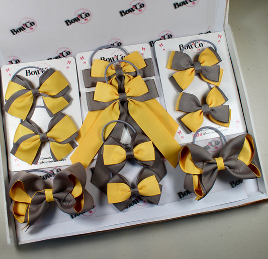 School Bow Bundle Saver - 10 Pack - Metal Grey and Yellow Gold - Elastic
