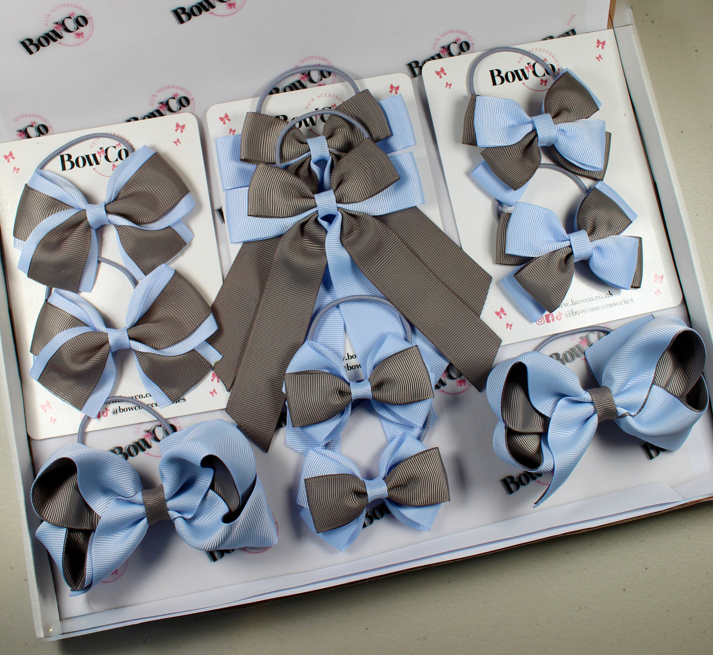 School Bow Bundle Saver - 10 Pack - Bluebell and Grey - Elastic