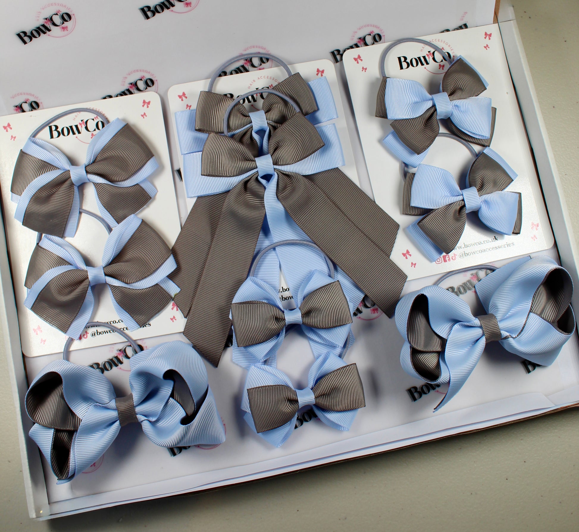 School Bow Bundle Saver - 10 Pack - Bluebell and Grey - Elastic