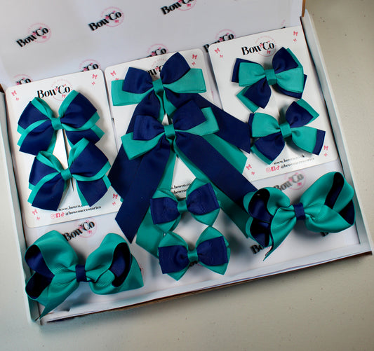 School Bow Bundle Saver - 10 Pack - Jade Green and Navy Blue - Clip