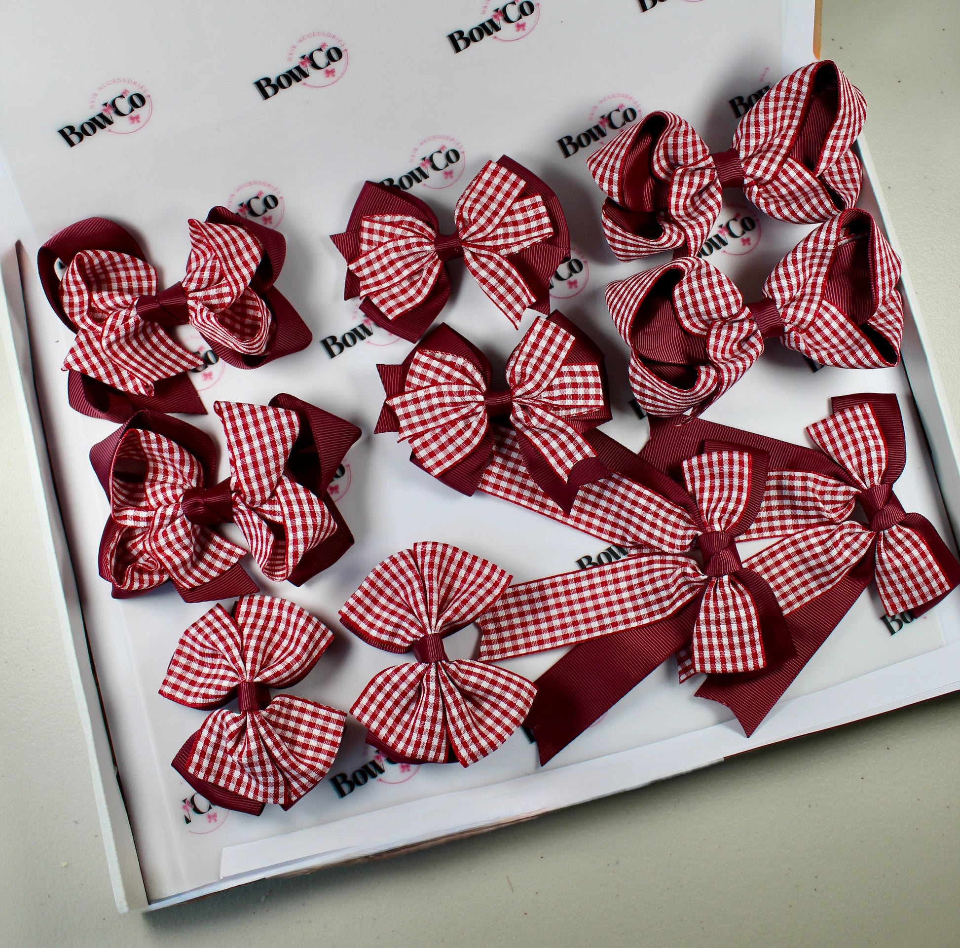 Burgundy Gingham School Bow Bundle M/L - Clip - 10 Bows