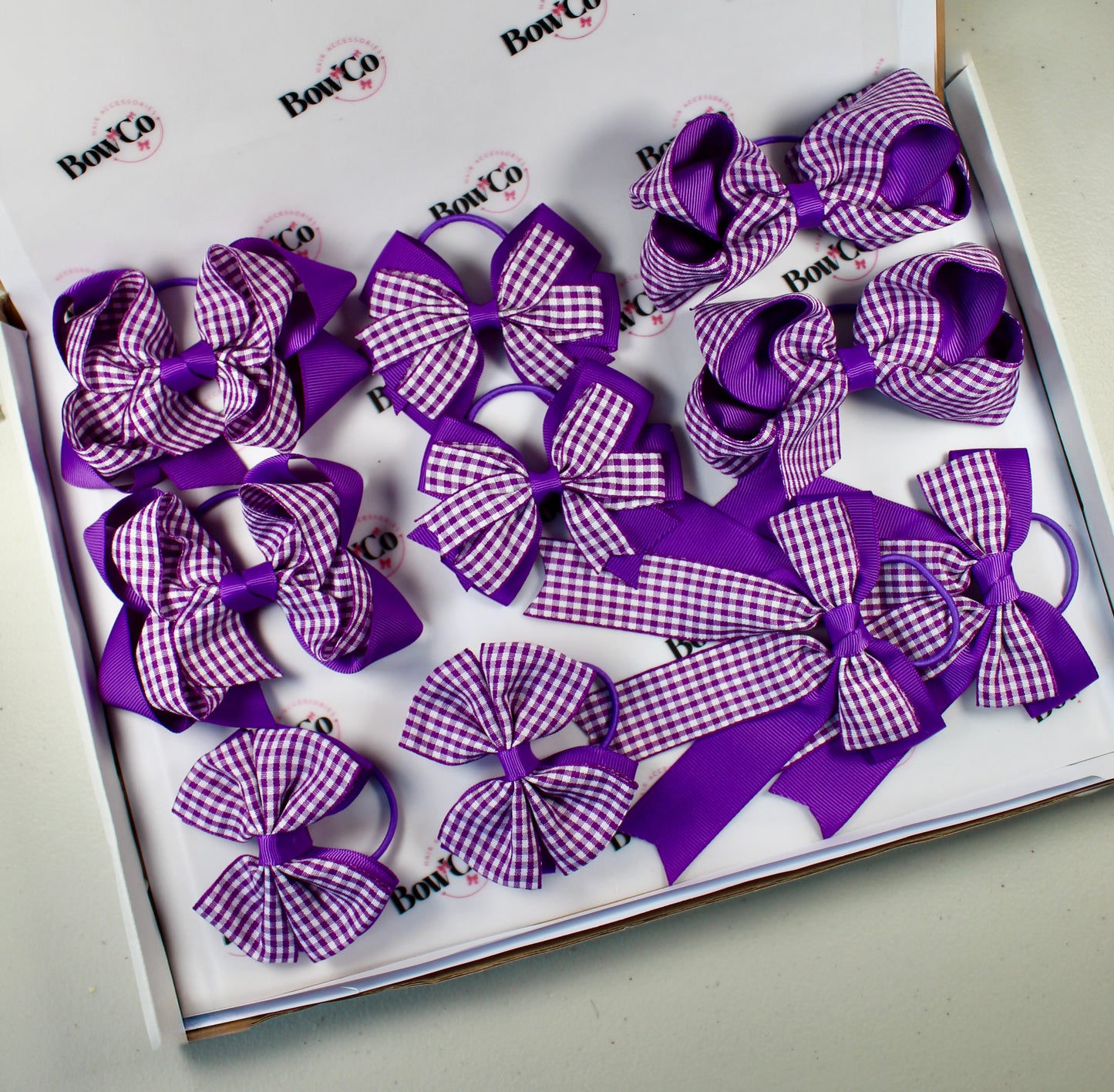Purple Gingham School Bow Bundle M/L - Elastic - 10 Bows