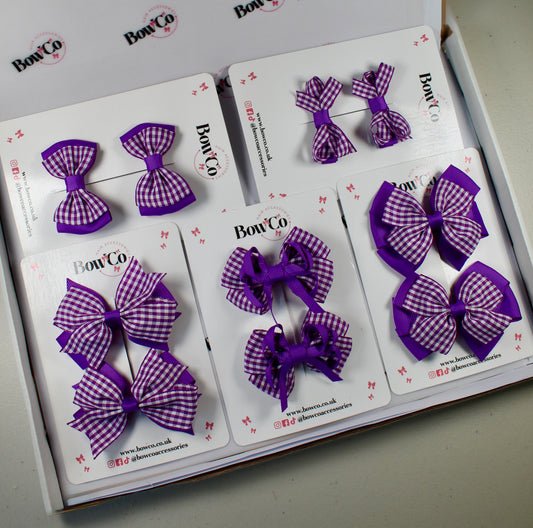 Purple Gingham School Bow Bundle – Small/Medium - Clip