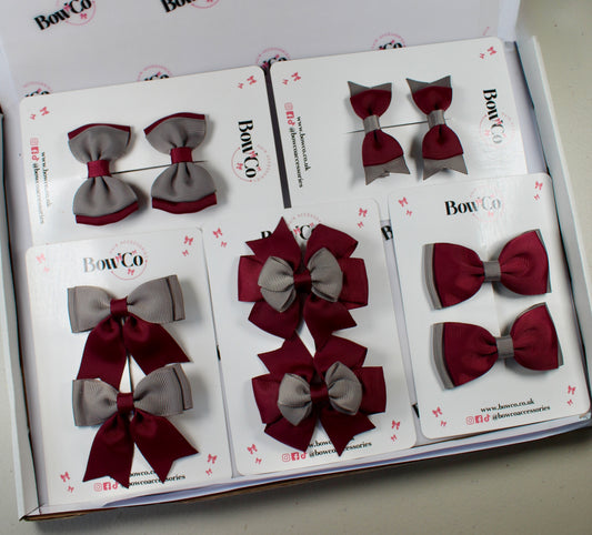 School Bow Bundle Saver - 10 Pack - Burgundy and Grey - Clip