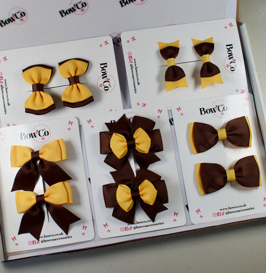School Bow Bundle Saver - 10 Pack - Brown and Yellow Gold - Clip