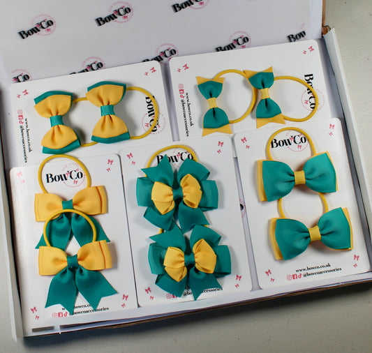 School Bow Bundle Saver - 10 Pack - Jade Green and Yellow Gold - Elastic