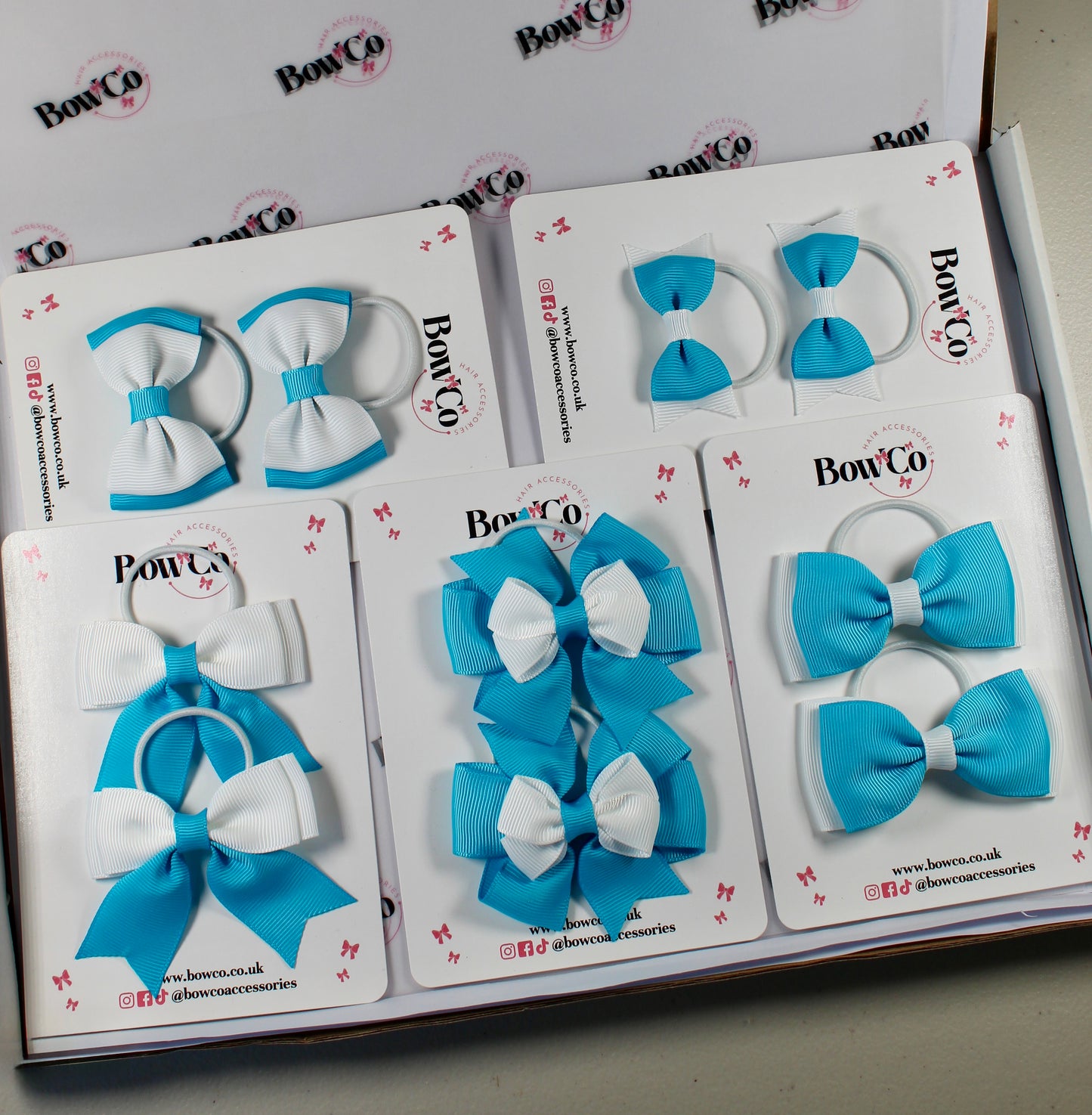 School Bow Bundle Saver - 10 Pack - Turquoise and White - Elastic