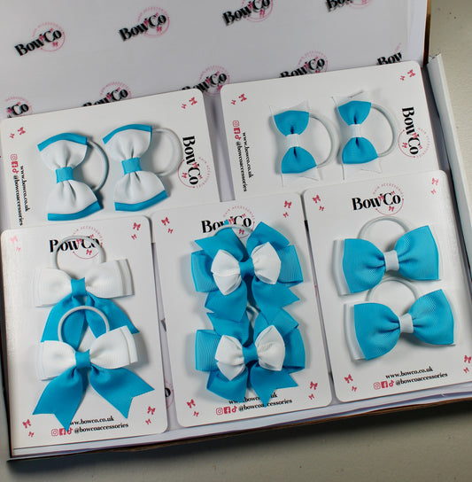 School Bow Bundle Saver - 10 Pack - Turquoise and White - Elastic