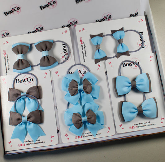 School Bow Bundle Saver - 10 Pack - Blue Topaz and Grey - Elastic