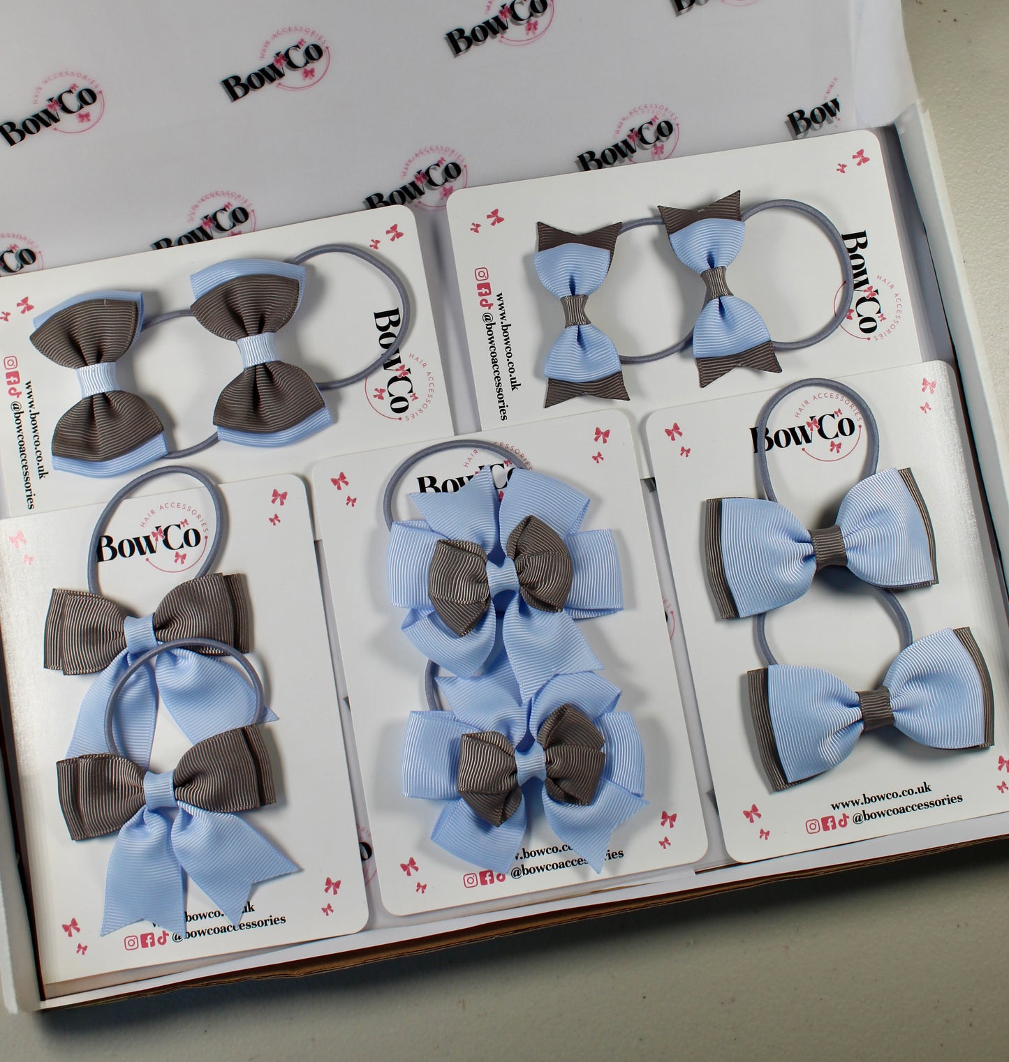 School Bow Bundle Saver - 10 Pack - Bluebell and Grey - Elastic