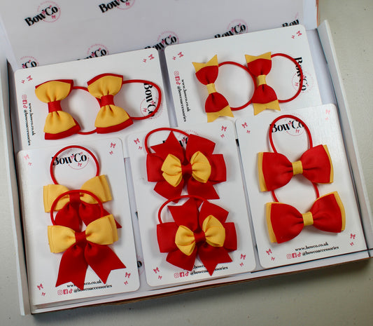 School Bow Bundle Saver - 10 Pack - Red and Yellow Gold - Elastic