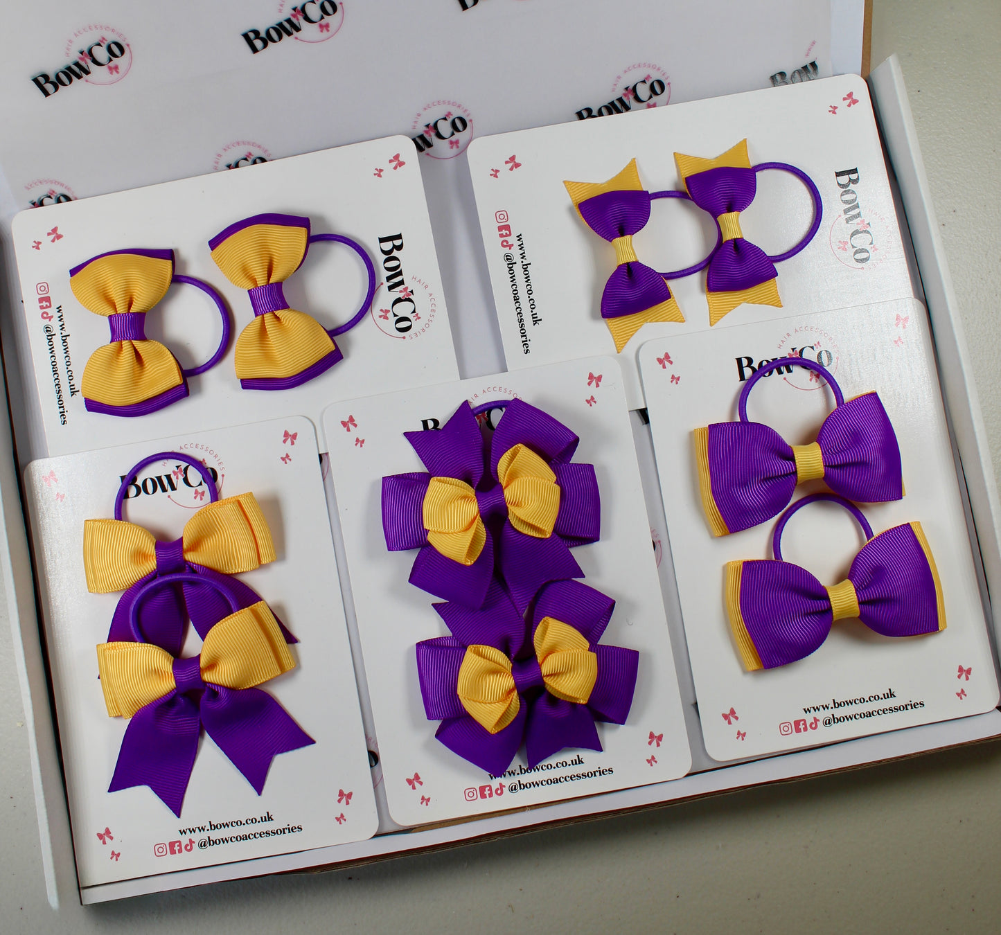 School Bow Bundle Saver - 10 Pack - Purple and Yellow Gold - Elastic