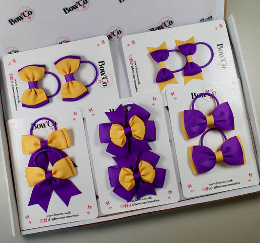 School Bow Bundle Saver - 10 Pack - Purple and Yellow Gold - Elastic