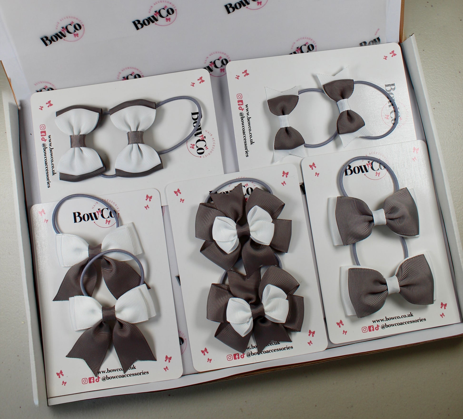 School Bow Bundle Saver - 10 Pack - Grey and White - Elastic