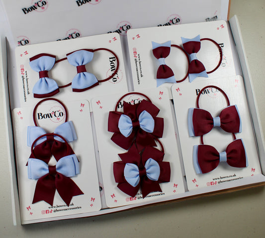 School Bow Bundle Saver - 10 Pack - Burgundy and Bluebell - Elastic