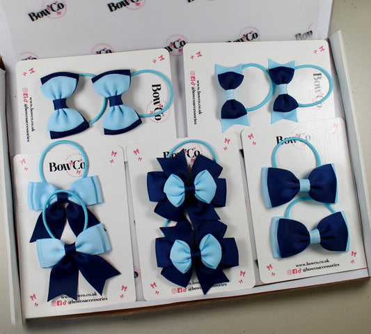 School Bow Bundle Saver - 10 Pack - Navy Blue and Blue Topaz - Elastic