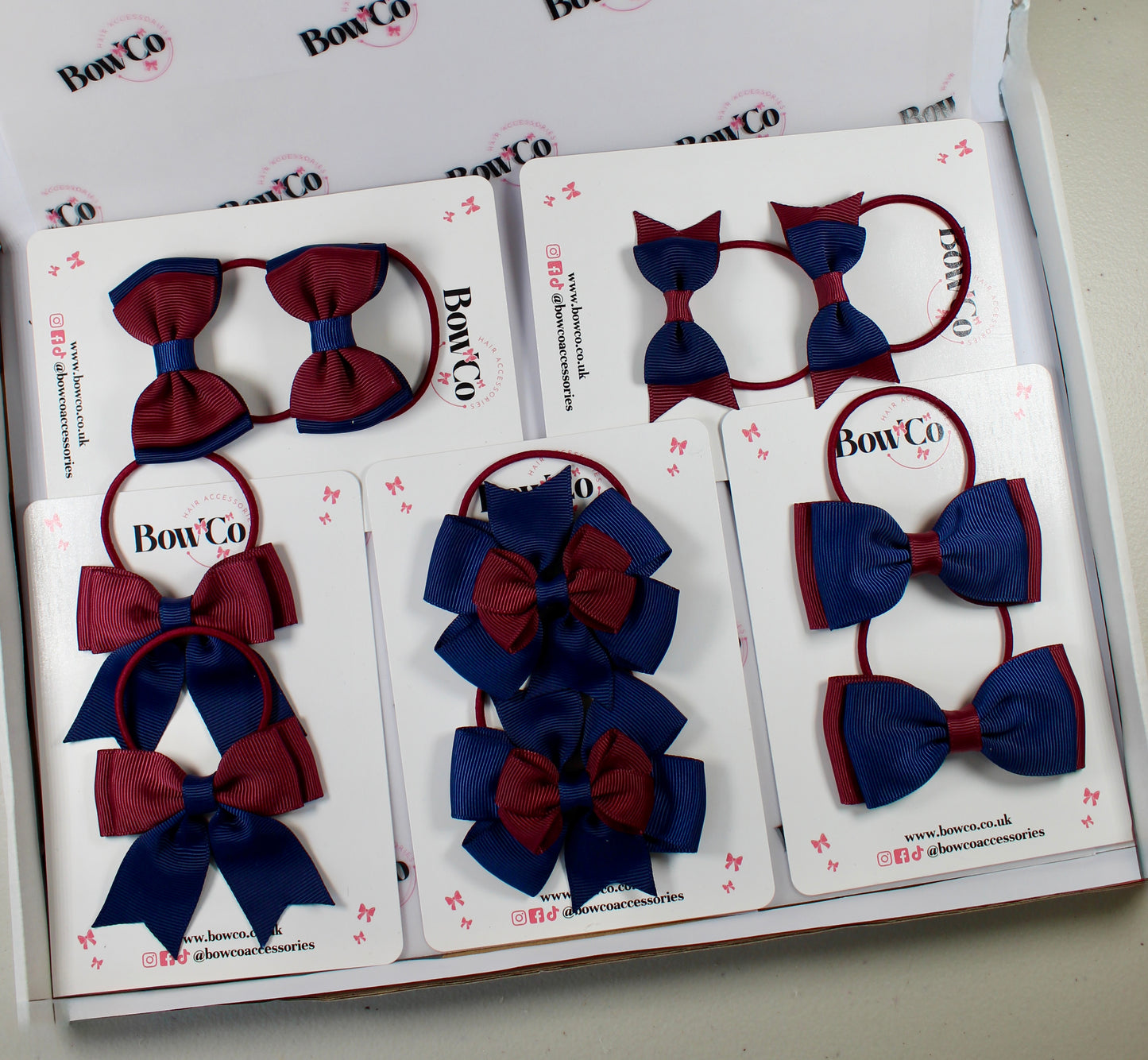 School Bow Bundle Saver - 10 Pack - Burgundy and Navy Blue - Elastic