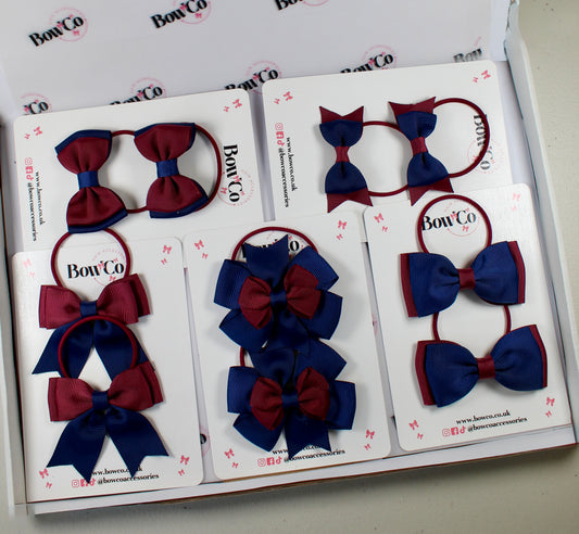 School Bow Bundle Saver - 10 Pack - Burgundy and Navy Blue - Elastic