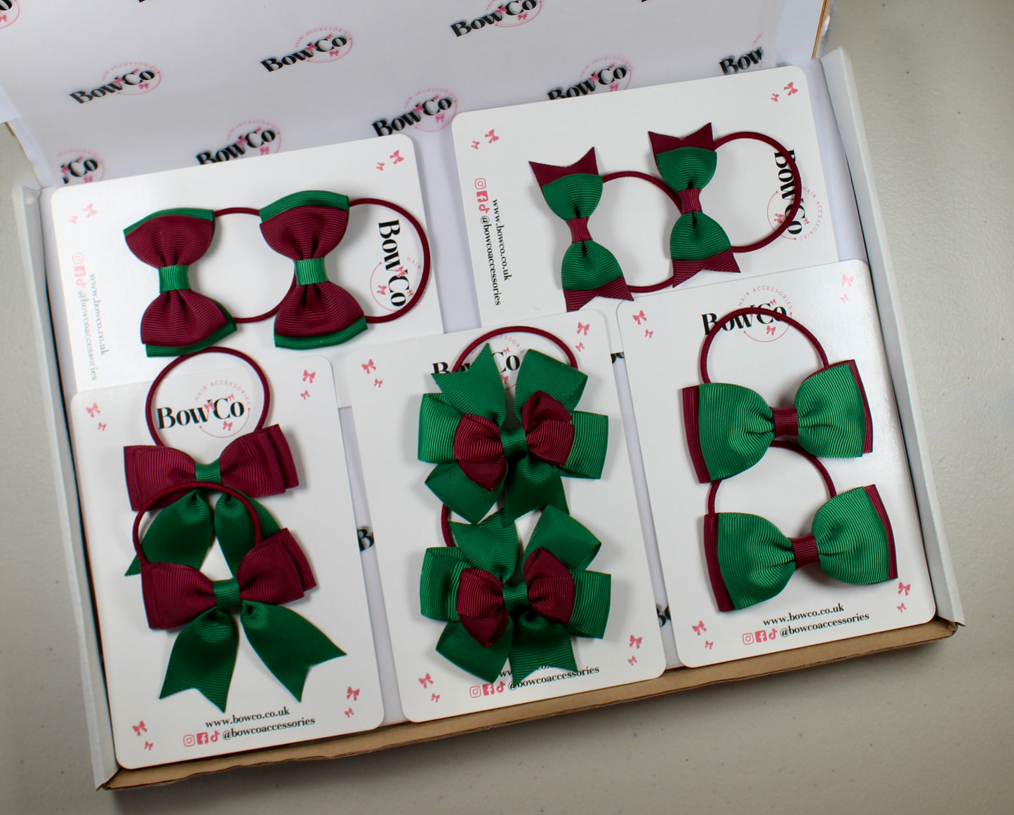 School Bow Bundle Saver - 10 Pack - Burgundy and Green - Elastic