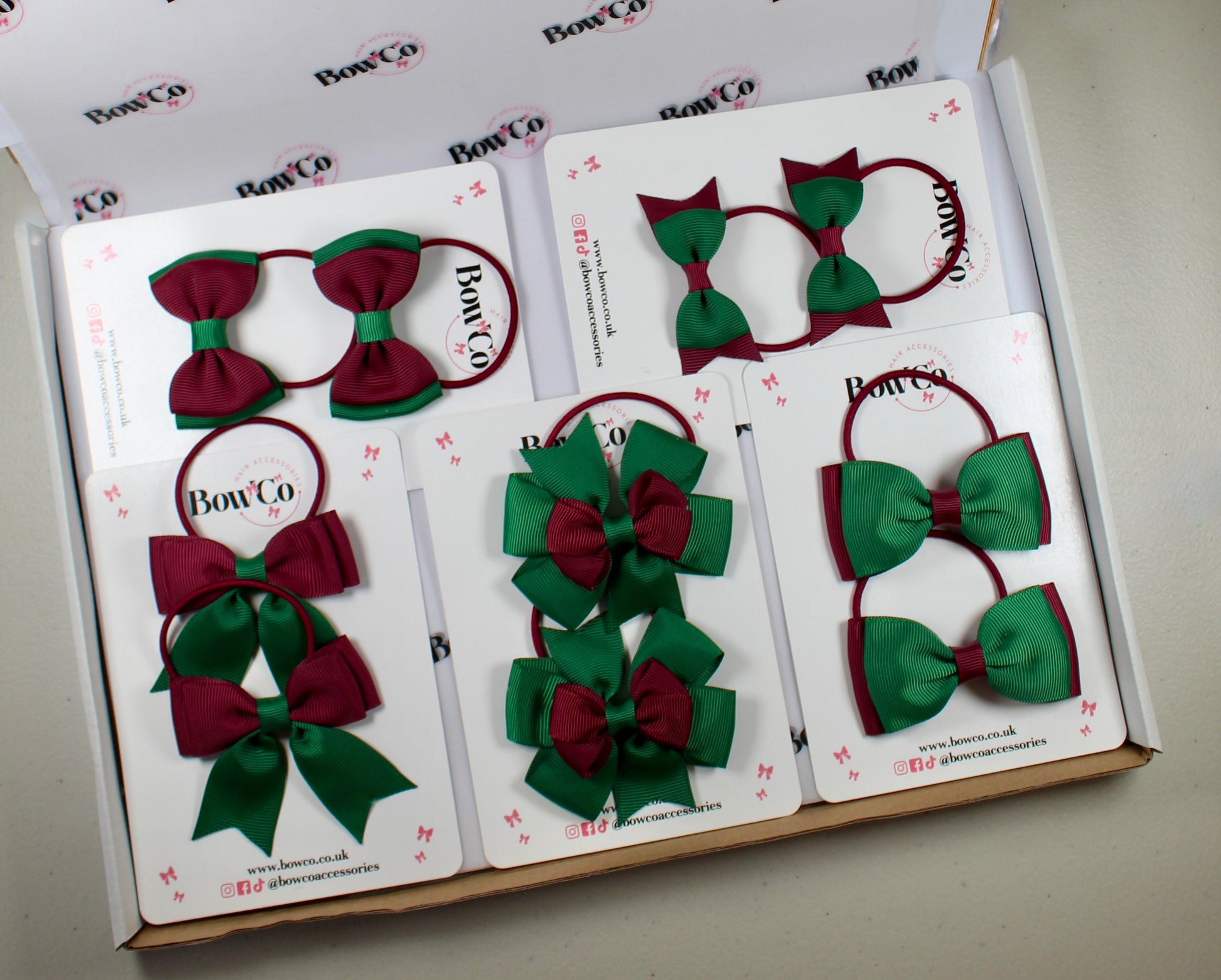 School Bow Bundle Saver - 10 Pack - Burgundy and Green - Elastic