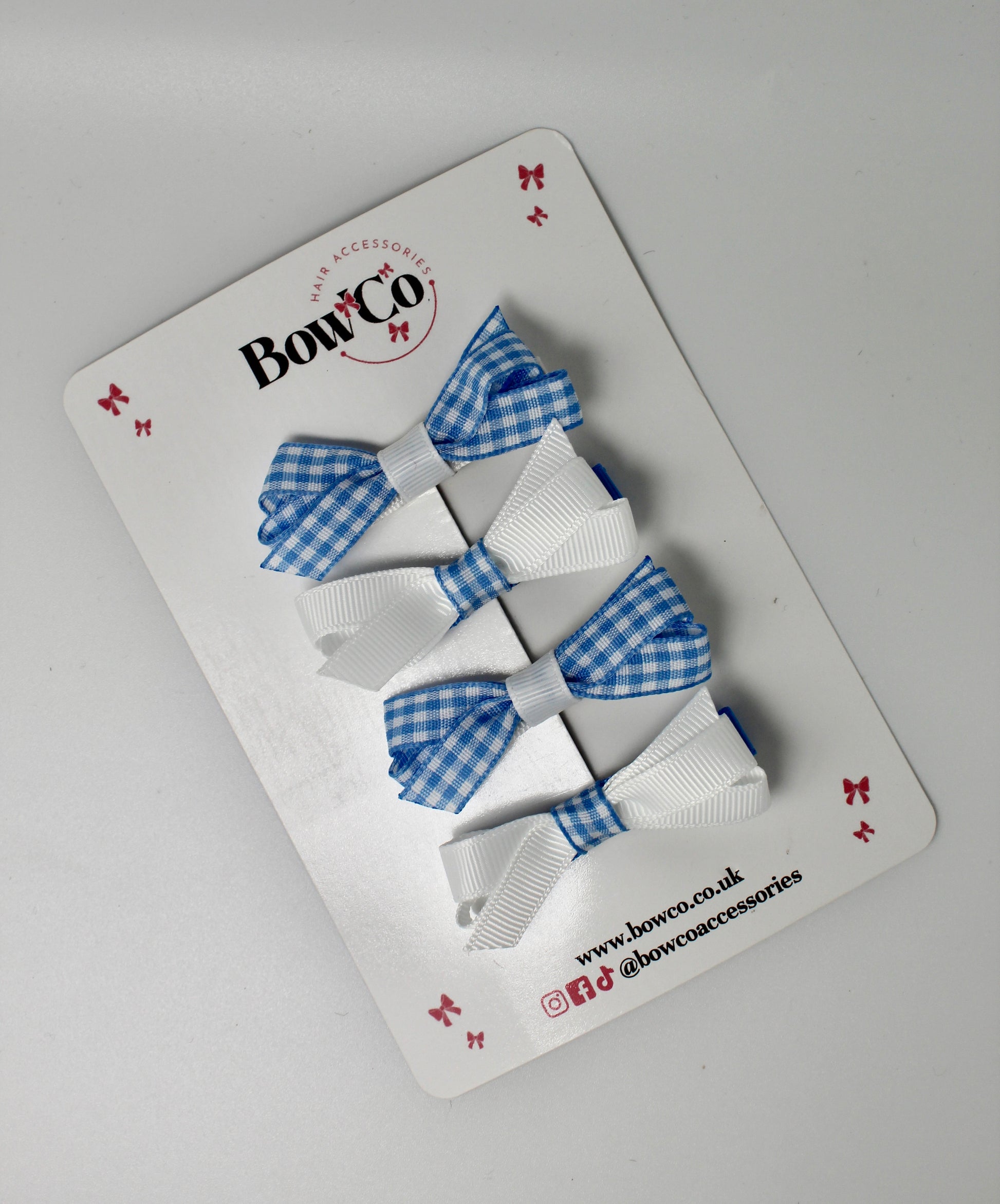School Light Blue Gingham Ballerina Bow Set of 4 - Clip
