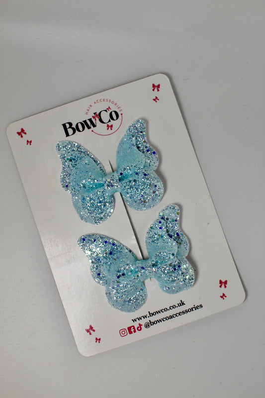 Butterfly Pearl Blue Silver Glitter - 2 Pack - Clips