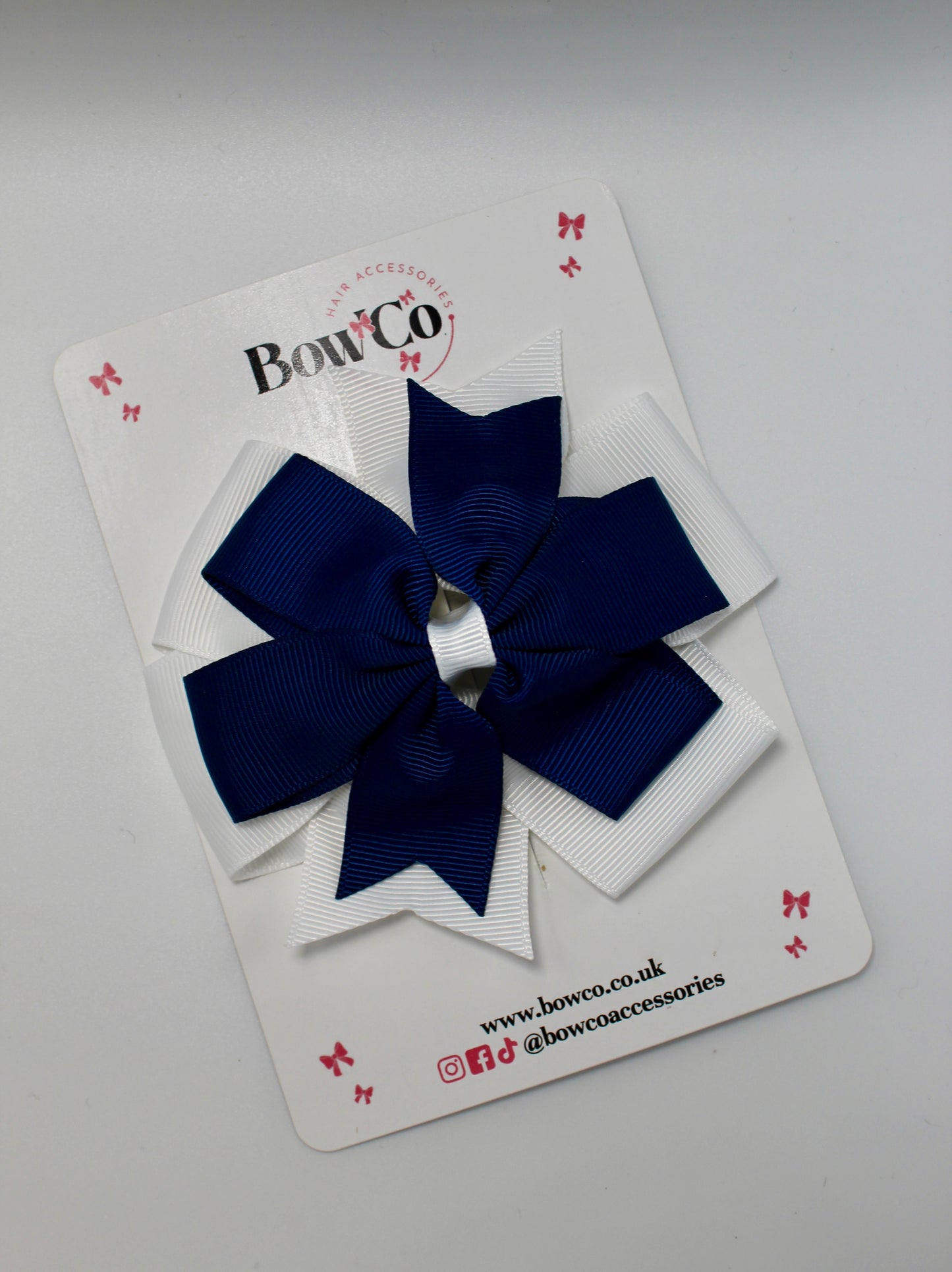 School Bow Navy Blue and White Pinwheel Bow - Clip