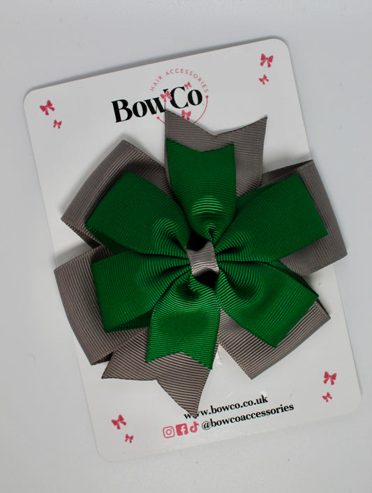School Green and Grey Pinwheel Bow – Clip