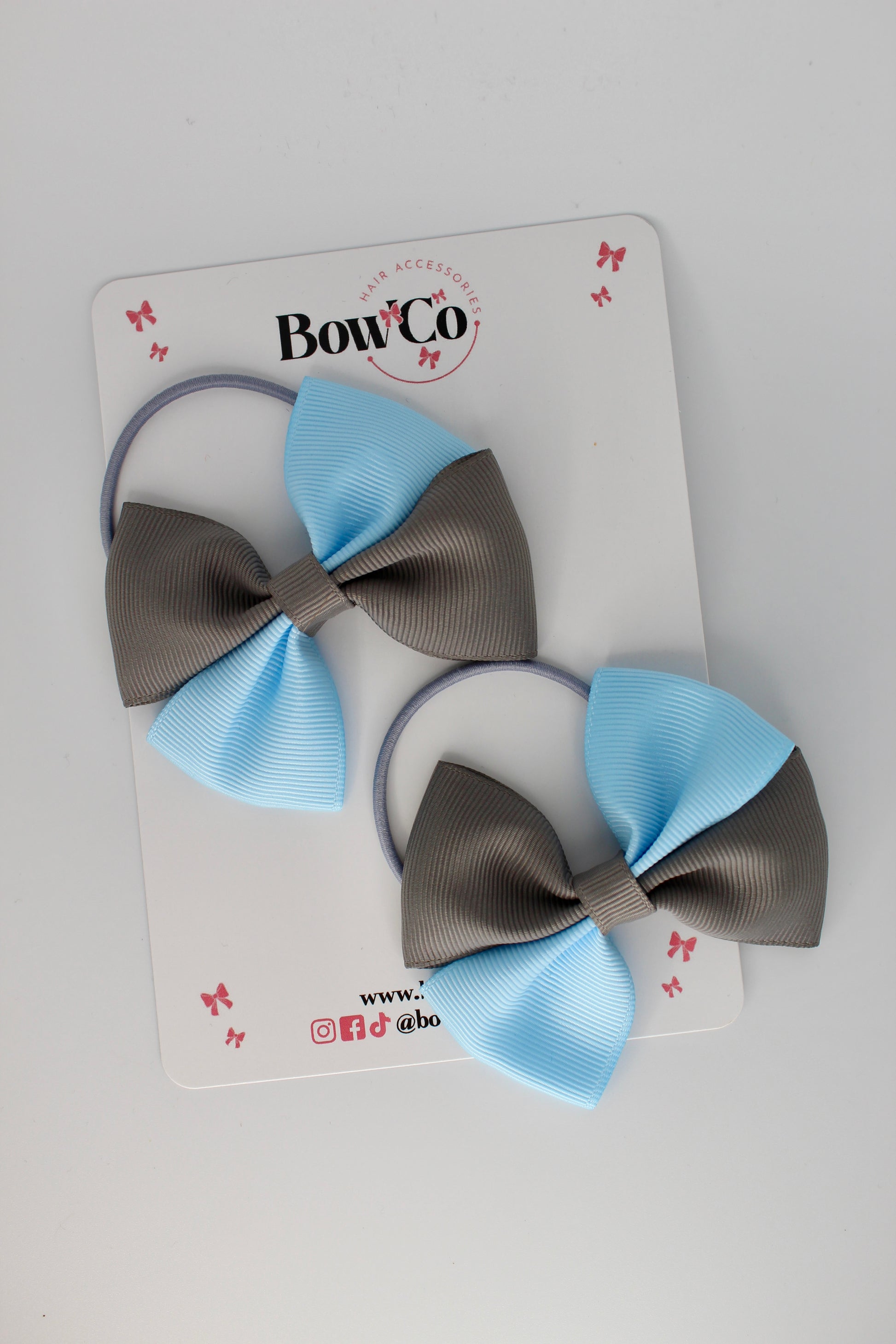3 Inch Twist Bow - 2 Pack - Elastic Band - Blue Topaz and Metal Grey