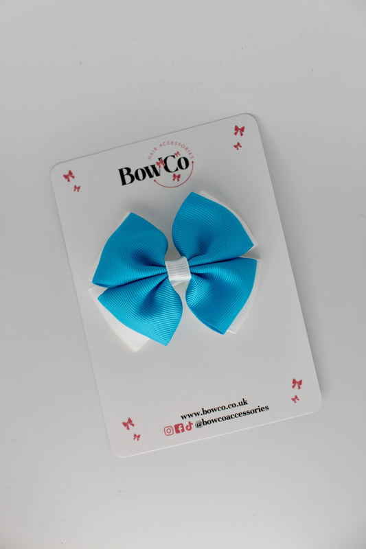 3 Inch Double Layer Bow - Clip - Turquoise and White