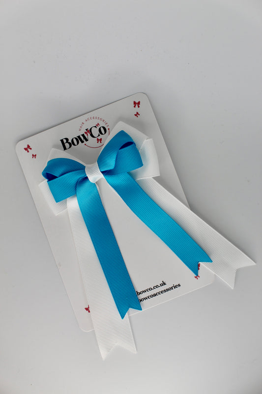 4.5 Inch Ponytail Double Bow - Turquoise and White