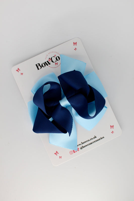 4.5 Inch Double Bow - Clip - Navy Blue and Blue Topaz
