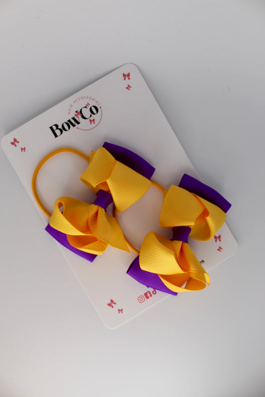 3 Inch Ruffle Bow Set - Elastic - Purple and Yellow Gold