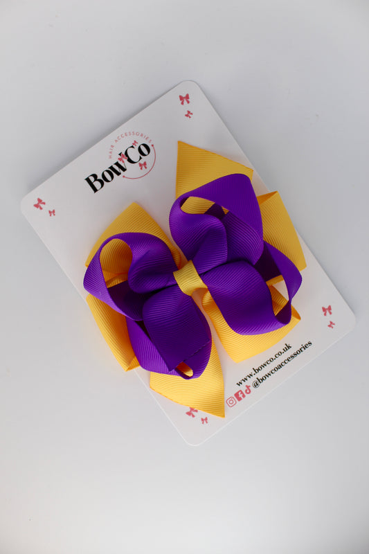 4.5 Inch Double Bow - Clip - Purple and Yellow Gold